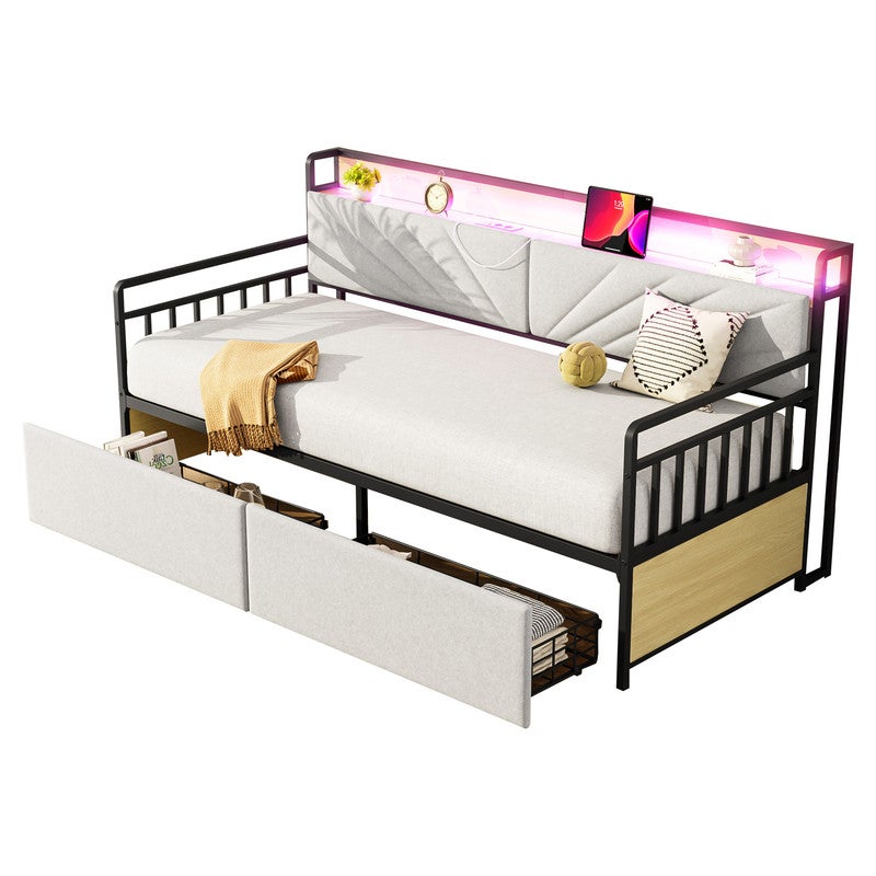 Canapé-lit 140x200 Cm, Avec éclairage LED, Espace De Rangement, Lit