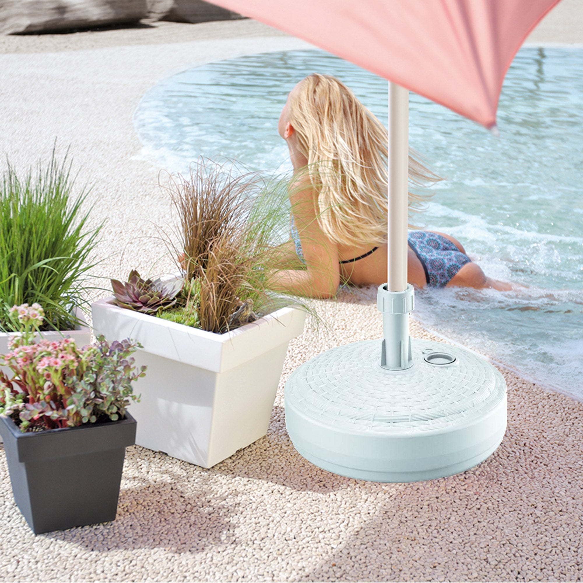 Deuba Pied de parasol rond Blanc socle pour parasol Ø2,6cm aspect polyrotin remplissage eau sable gravier support jardin - 4