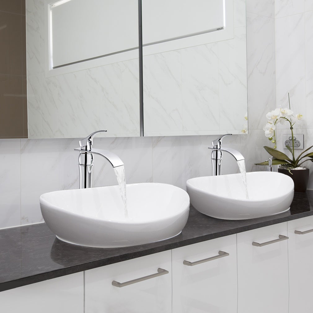 AuraLum Max 2pcs Mitigeur Lavabo Cascade Robinet Monocommand pour Lavabo et Vasque,Haute Bec pour Vasque à Poser -en Laiton,Chromé,EU Modèle - 7