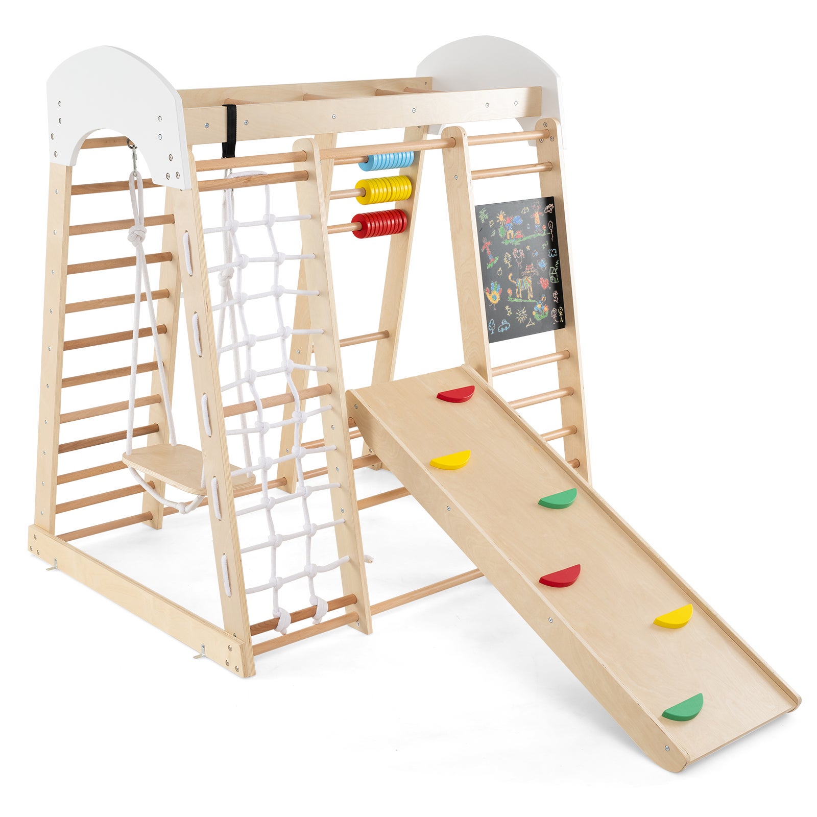 7 w 1 Drewniany plac zabaw dla dzieci z tablicą i huśtawką, trójkąt wspinaczkowy Montessori z drabinką i siatką, dla dzieci powyżej 3 lat, beżowy