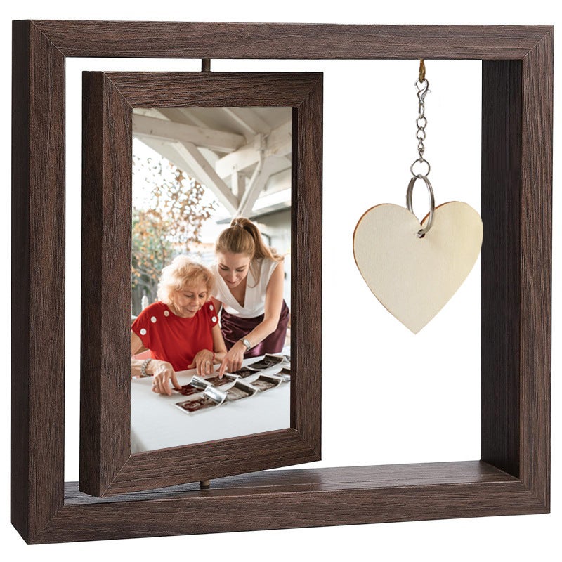Marco de fotos giratorio creativo de doble cara, soporte para colgar de acero inoxidable, color nogal, 6 pulgadas, 23 x 21 x 4 cm
