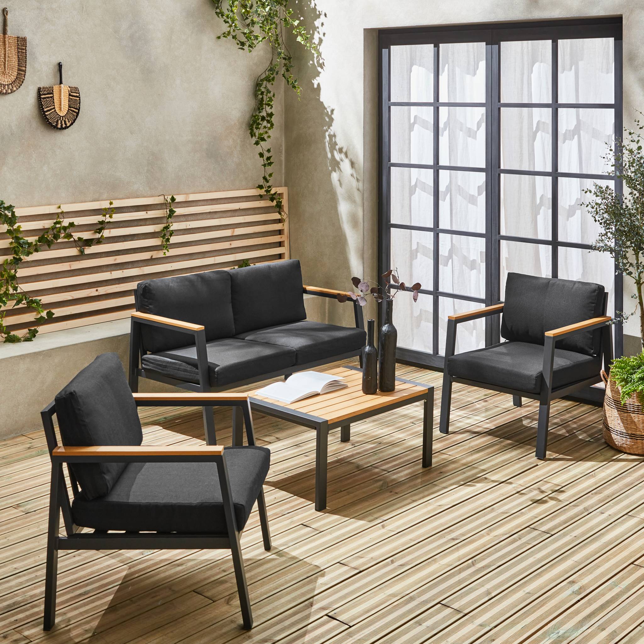 Salon de jardin Casoria. gris foncé. aluminium et polywood 4 places. 1 canapé. 2 fauteuils. 1 table basse - 2
