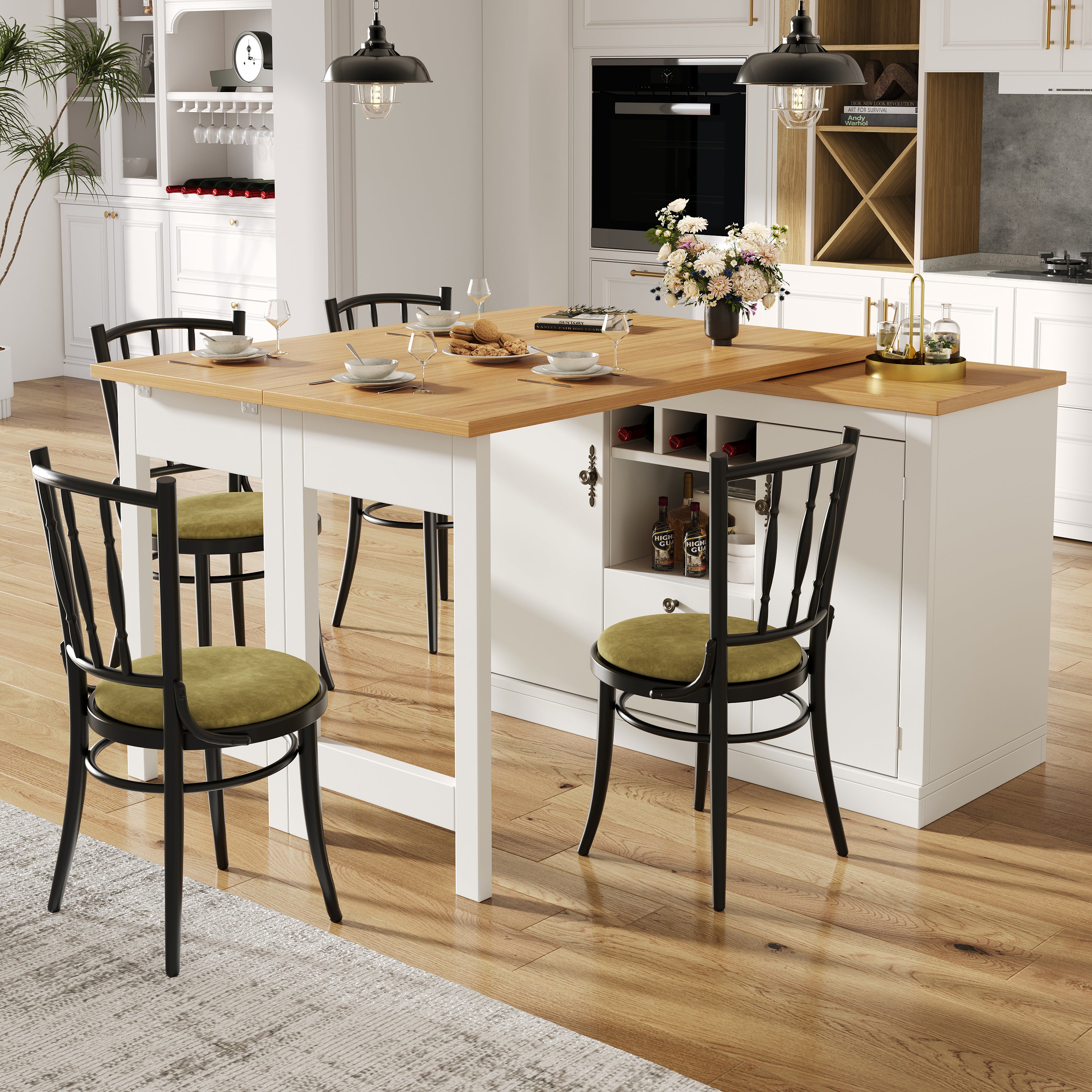 Rozkładany obrotowy stół jadalny z 2 drzwiami i 2 szufladami, wyspa kuchenna - 120-180 x 40 x 71,5 cm - MDF - Biały + naturalny - 5