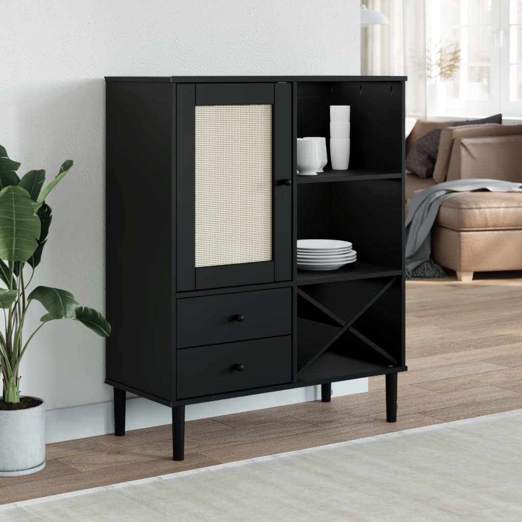 Buffet SENJA aspect rotin noir 90x40x112cm bois massif de pin | Leroy ...