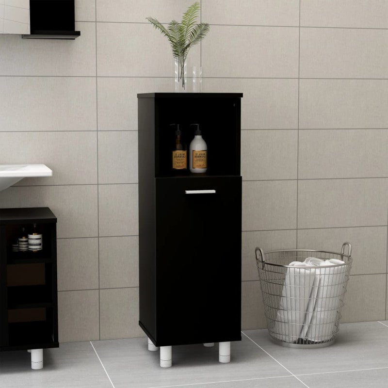 Armoire Salle De Bain Noire 30x30x95 Cm - Aggloméré, 3 Compartiments + Porte - Rangement Pratique Pour Salon Ou Salle De Bain