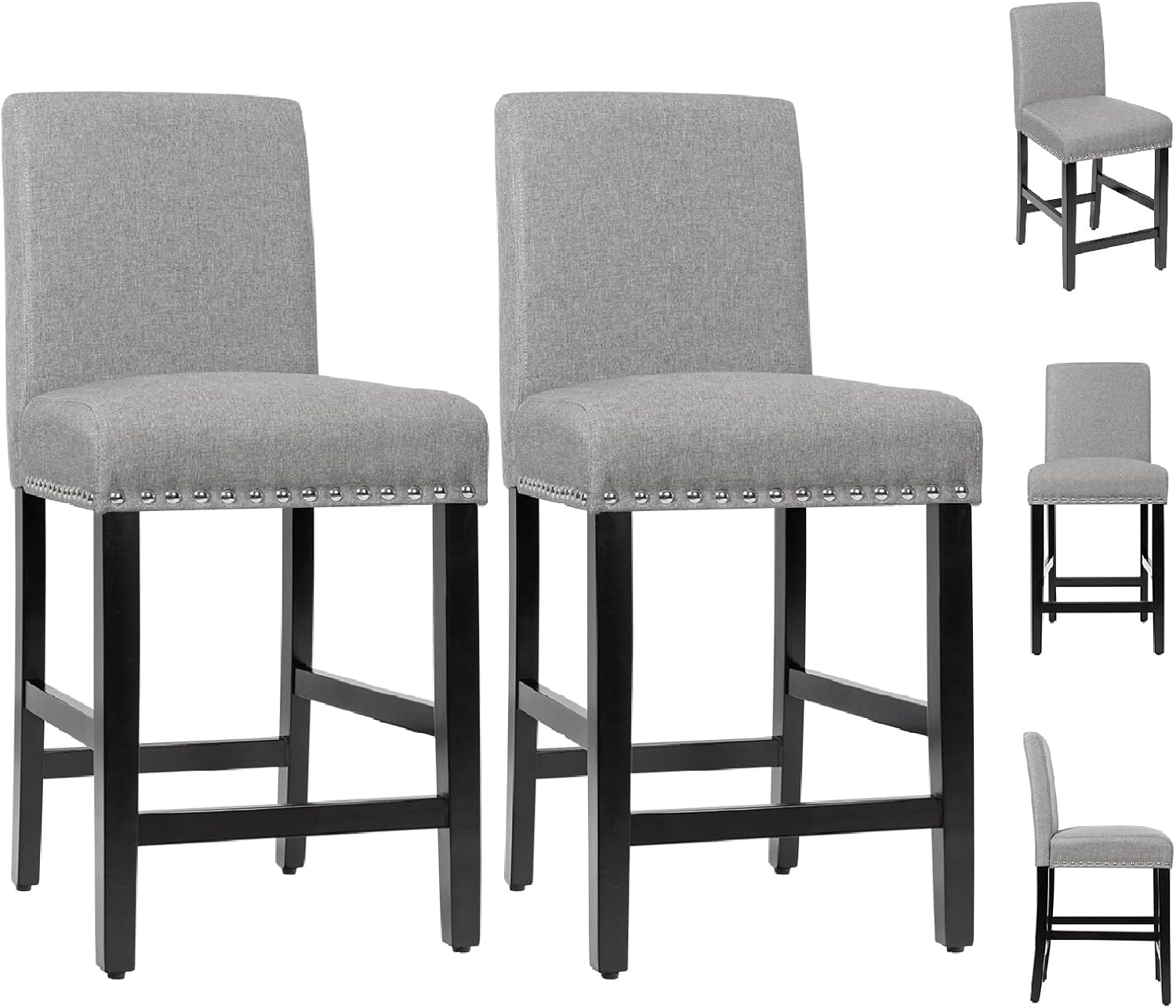 Zestaw 2 Stołków Barowych, Jadalni z Miękkim Oparciem i Siedziskiem, Nogami z Litego Drewna Kauczukowego, Siedziskiem o Wysokości 64 cm, Ciemnoszarym