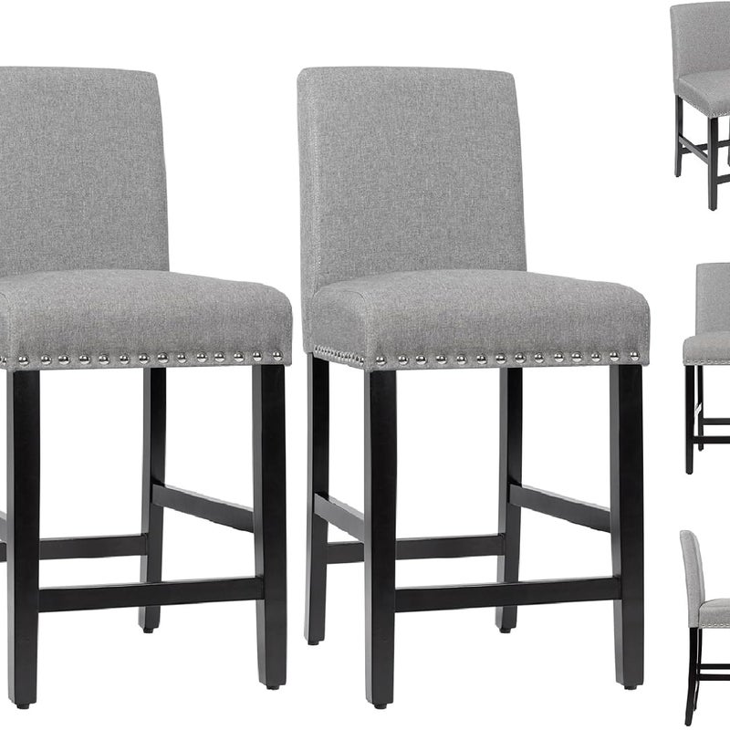 Zestaw 2 Stołków Barowych, Jadalni z Miękkim Oparciem i Siedziskiem, Nogami z Litego Drewna Kauczukowego, Siedziskiem o Wysokości 64 cm, Ciemnoszarym