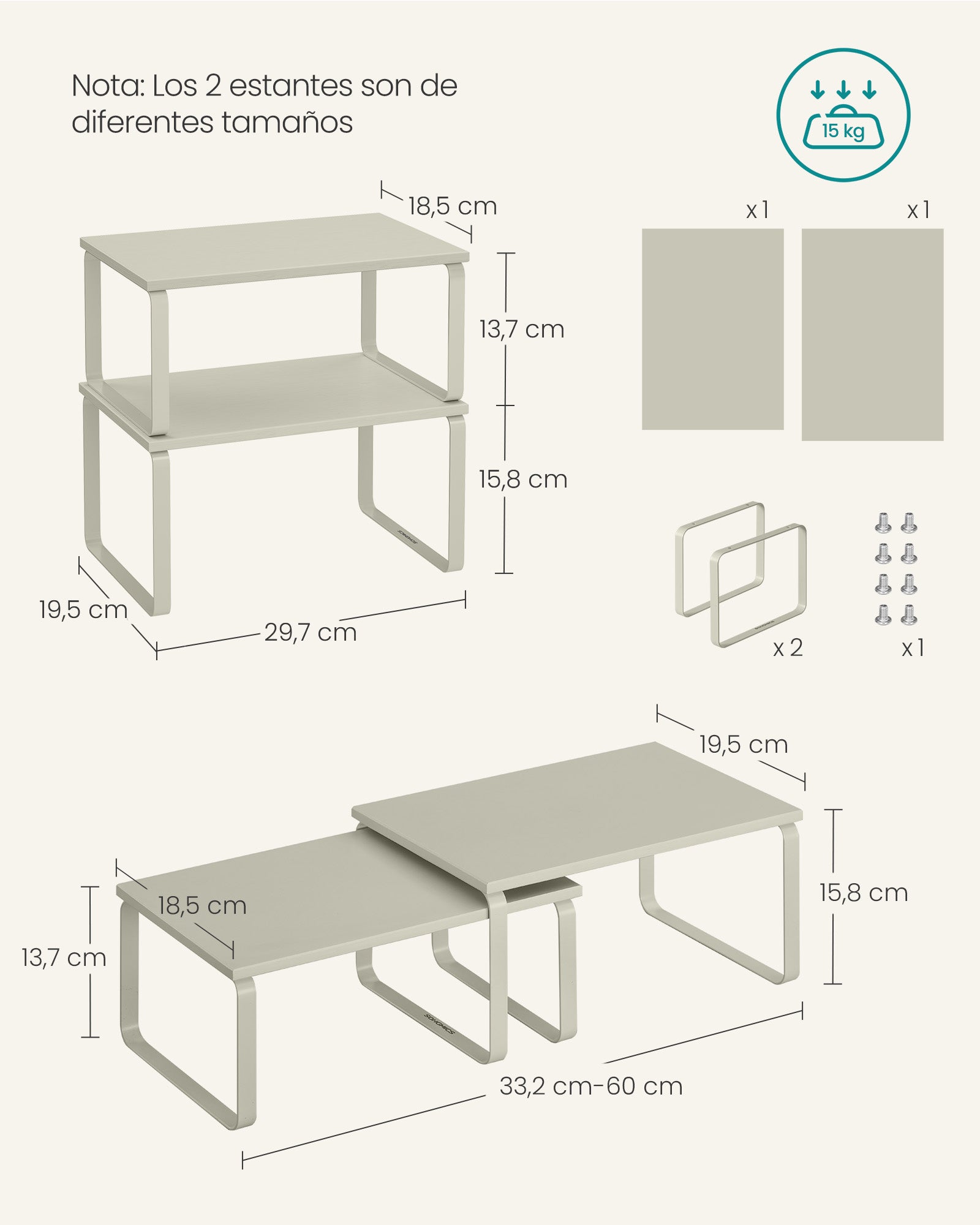 Estante para Especias, Juego de 2, Organizador de Armario, Especiero de Cocina Extensible, Beige - 6