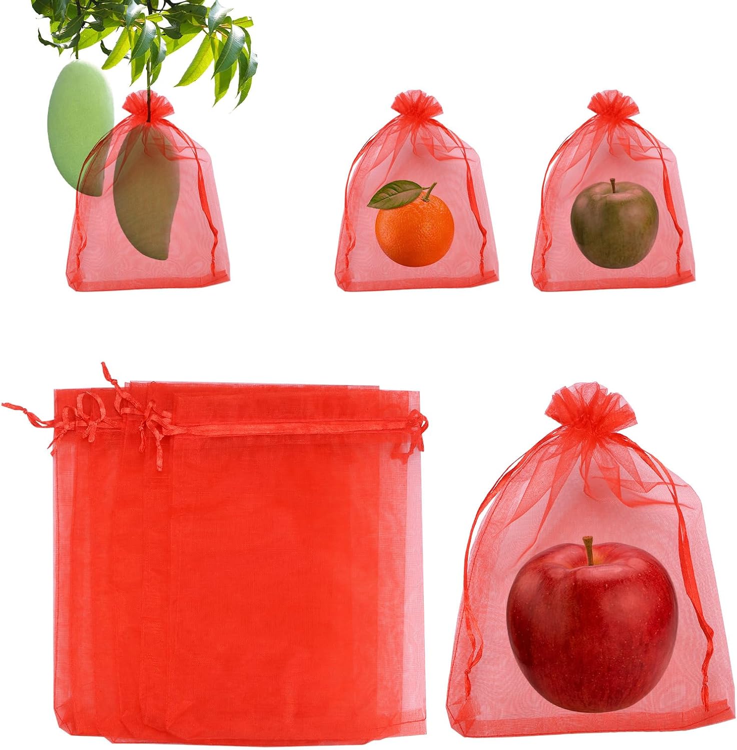 Zestaw 100 worków ochronnych na owoce – 15 x 20 cm, ze sznurkiem ściągającym, do owoców i kwiatów (czerwony)