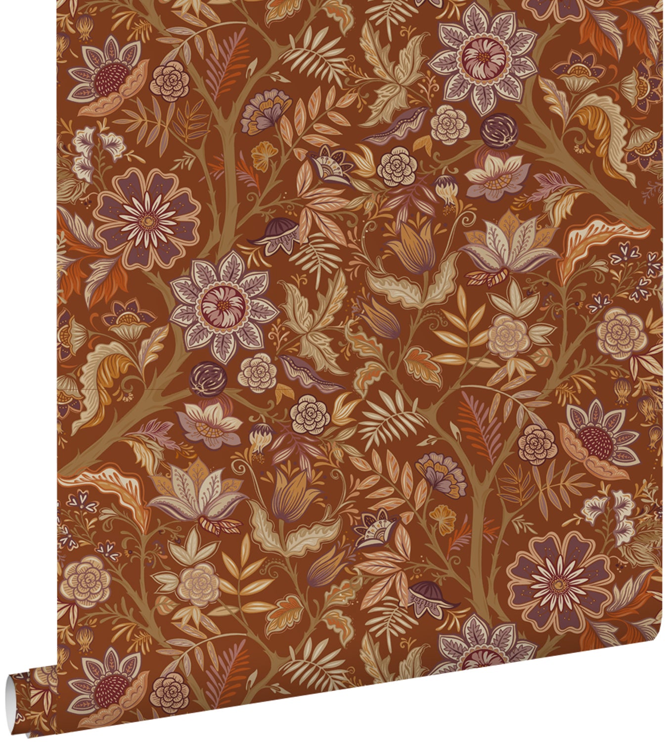 Tapeta zabytkowe kwiaty terakota brązowyIciemnego fioletu - 50 x 900 cm - ESTAHOME