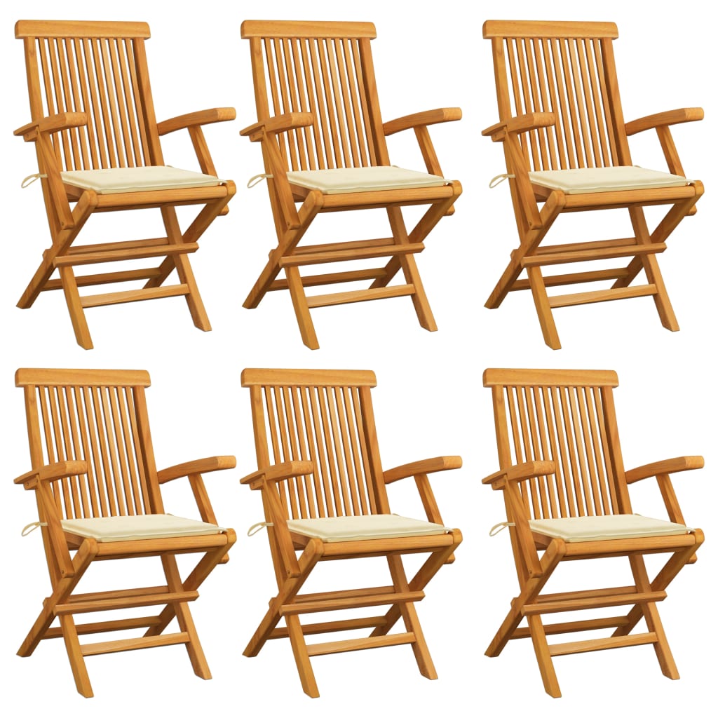 Chaises de jardin avec coussins crème 6 pcs Bois de teck massif - 2
