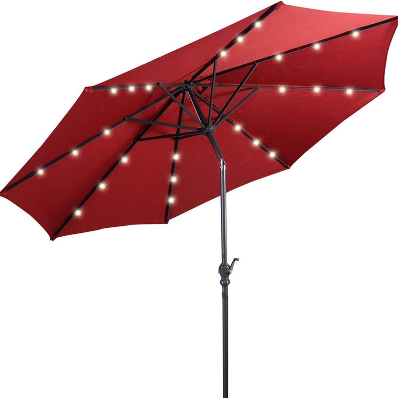 Parasol ogrodowy zewnętrzny 3 m, parasol z regulacją nachylenia, 8 żeber, oświetlenie słoneczne 24 LED, ochrona przed promieniowaniem UV, czerwony