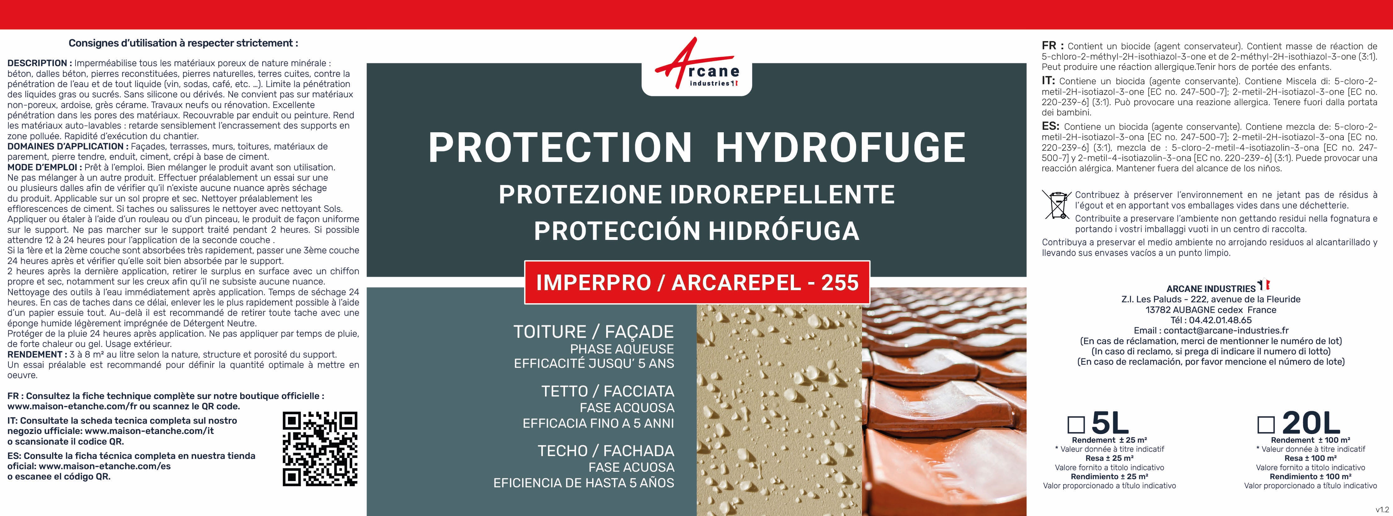HYDROFUGE et ANTI TACHES imperméabilisant murs, sols, toitures et facades - IMPERPRO - 5 L (jusqu'à 25 m²) - ARCANE INDUSTRIES - 9