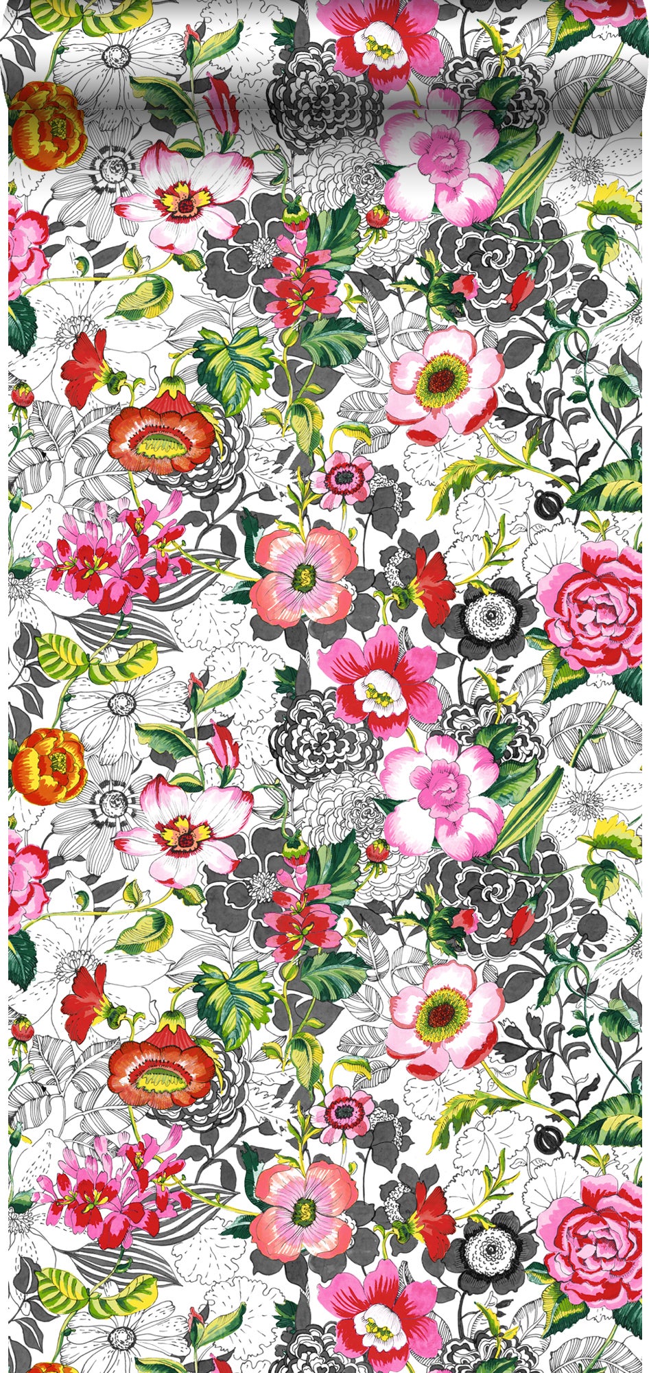 Papel pintado xxl flores funky rosa, rojo, verde, negro y blanco - 50 x 900 cm - estahome