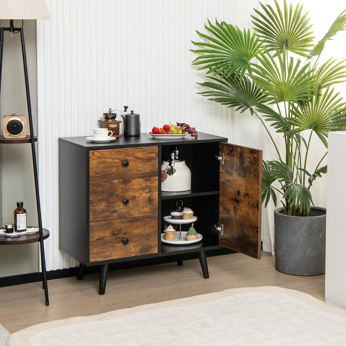 Armoire De Rangement KOMHTOM Avec LED - Buffet Bois Et Métal 120x40x80 Cm, 3 Portes, étagères Réglables, Couleur Naturelle