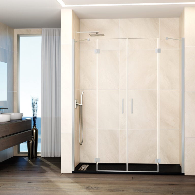 Paravan frontal GLASS 2 panouri fixe + 2 uși batante 132.5 cm (129,5-135,5; 20+50+50+20) nichel sticlă transparentă