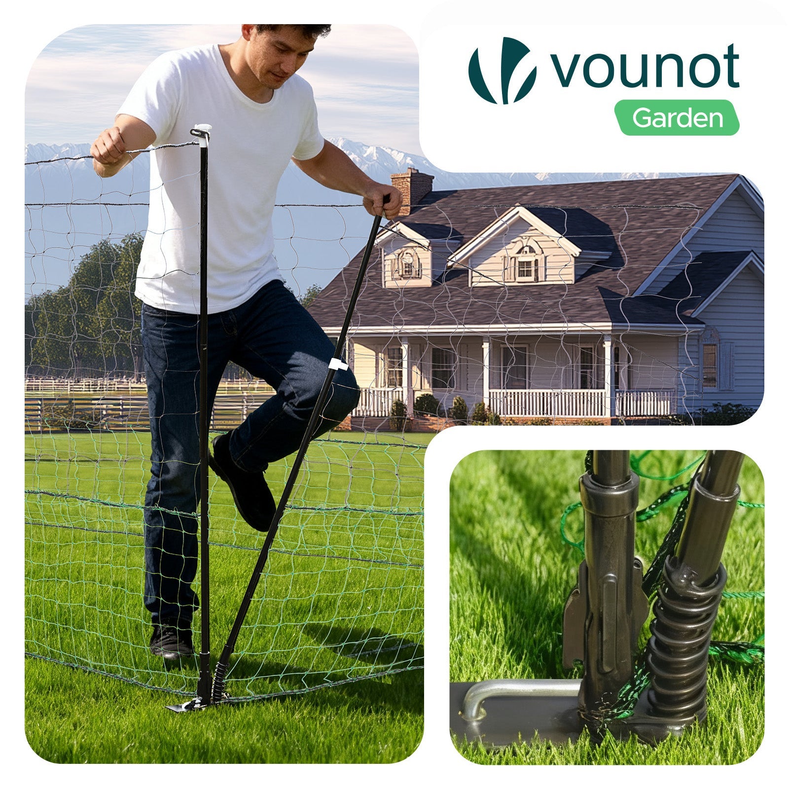 Kit filet à poules 12m avec piquets double pointes - Clôture volaille avec porte d’accès - Enclos extérieur en PE vert - VOUNOT® - 6