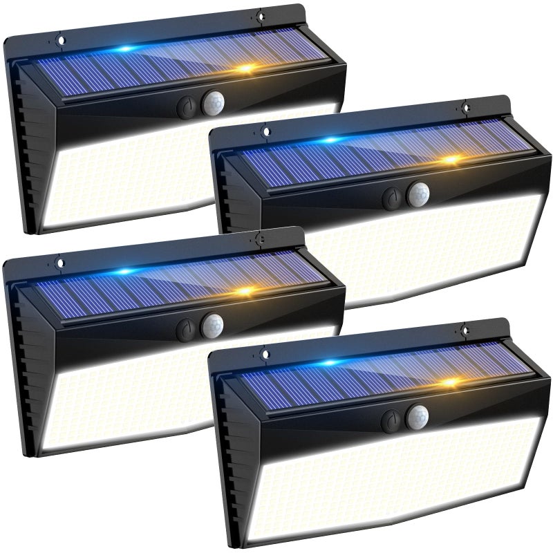 Zestaw 4 zewnętrznych lamp solarnych z czujnikiem ruchu, 368 LED, wodoodporne IP65, 3 tryby oświetlenia, odpowiednie do ogrodów, światło białe