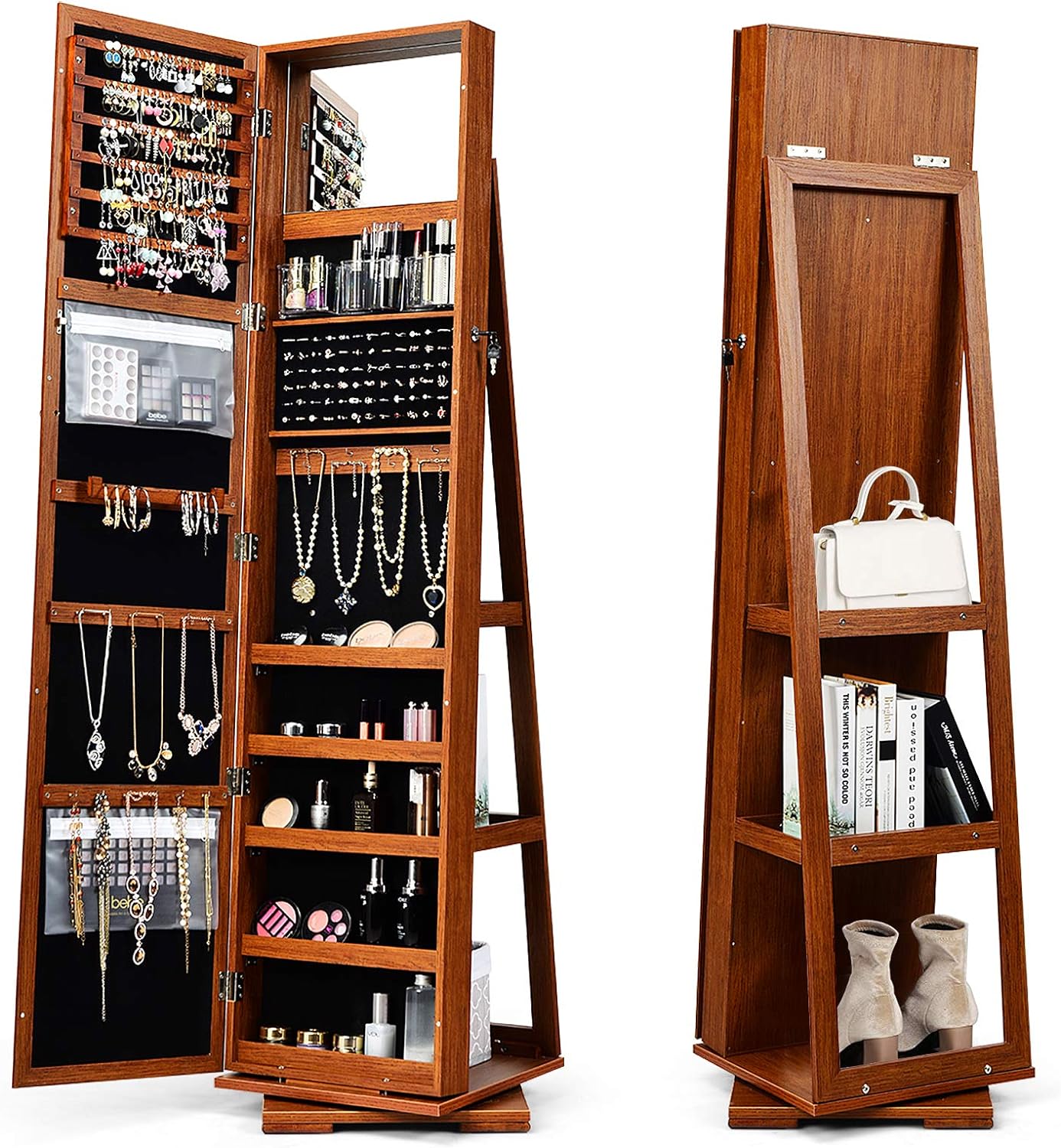 Armoire à Bijoux avec Miroir pivotante à 360°,Meuble de Rangement 3-en