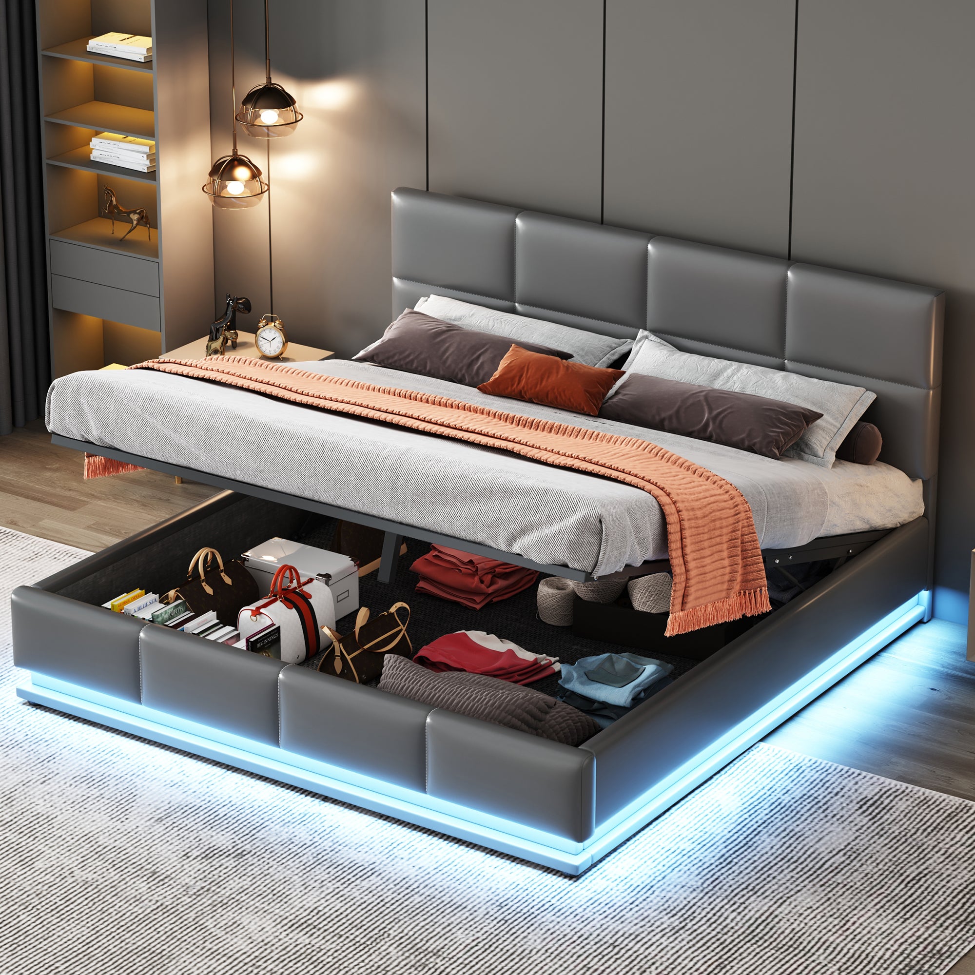 Łóżko 160x200cm z ekoskóry z LED + stelaż z listew + regulowane wezgłowie - Szare - 2