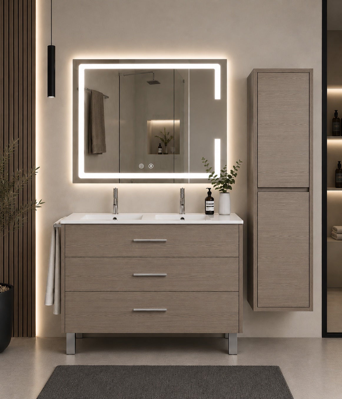 Mobilier de baie cu lavoar ORIGENBATH RIBERA fără oglindă 120x45 cm dublu stejar smoky cu coloană