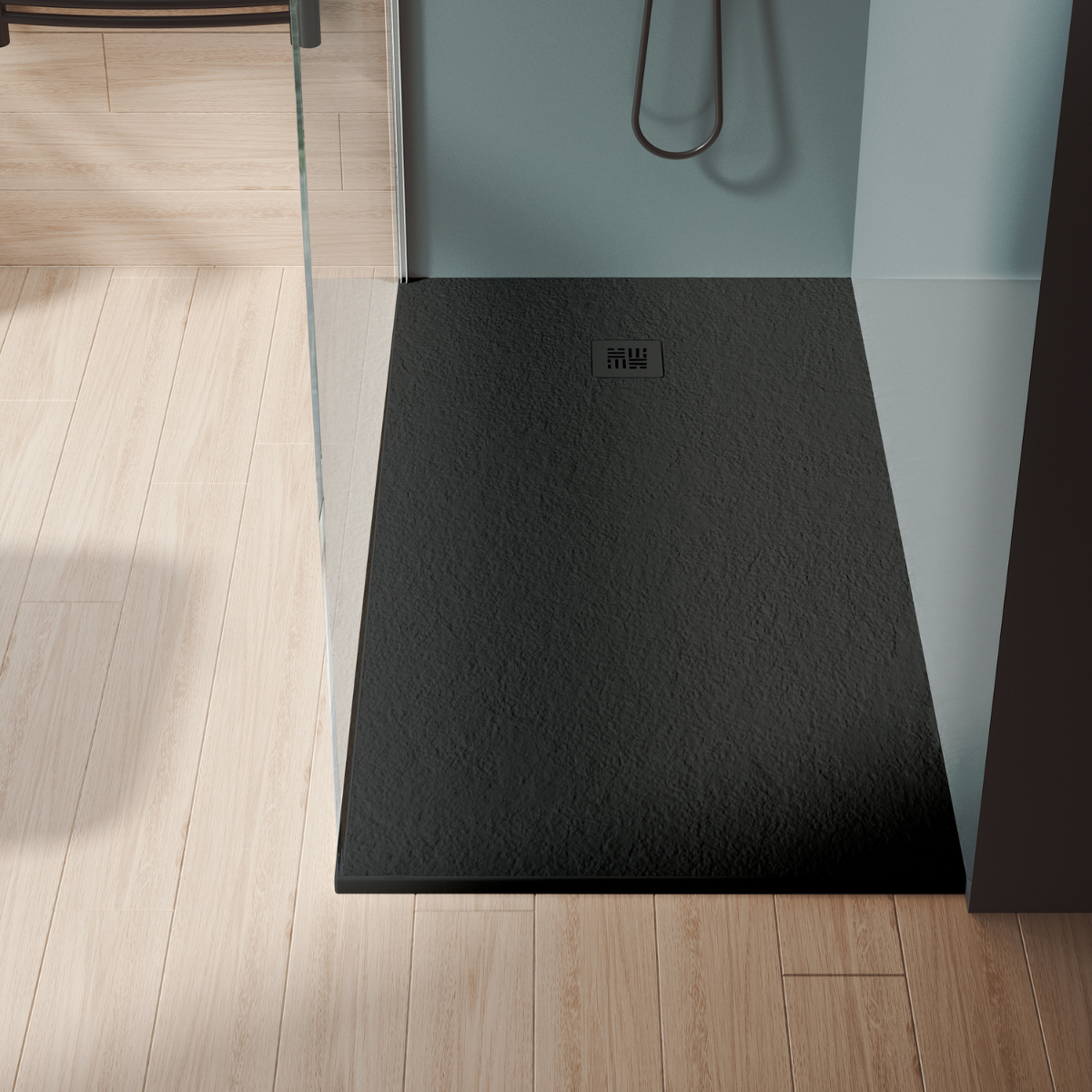 Placa de Duche de Resina Extra Plano Antiderrapante | Válvula e Grelha Preto | Preto | 80cm X 80cm - 4