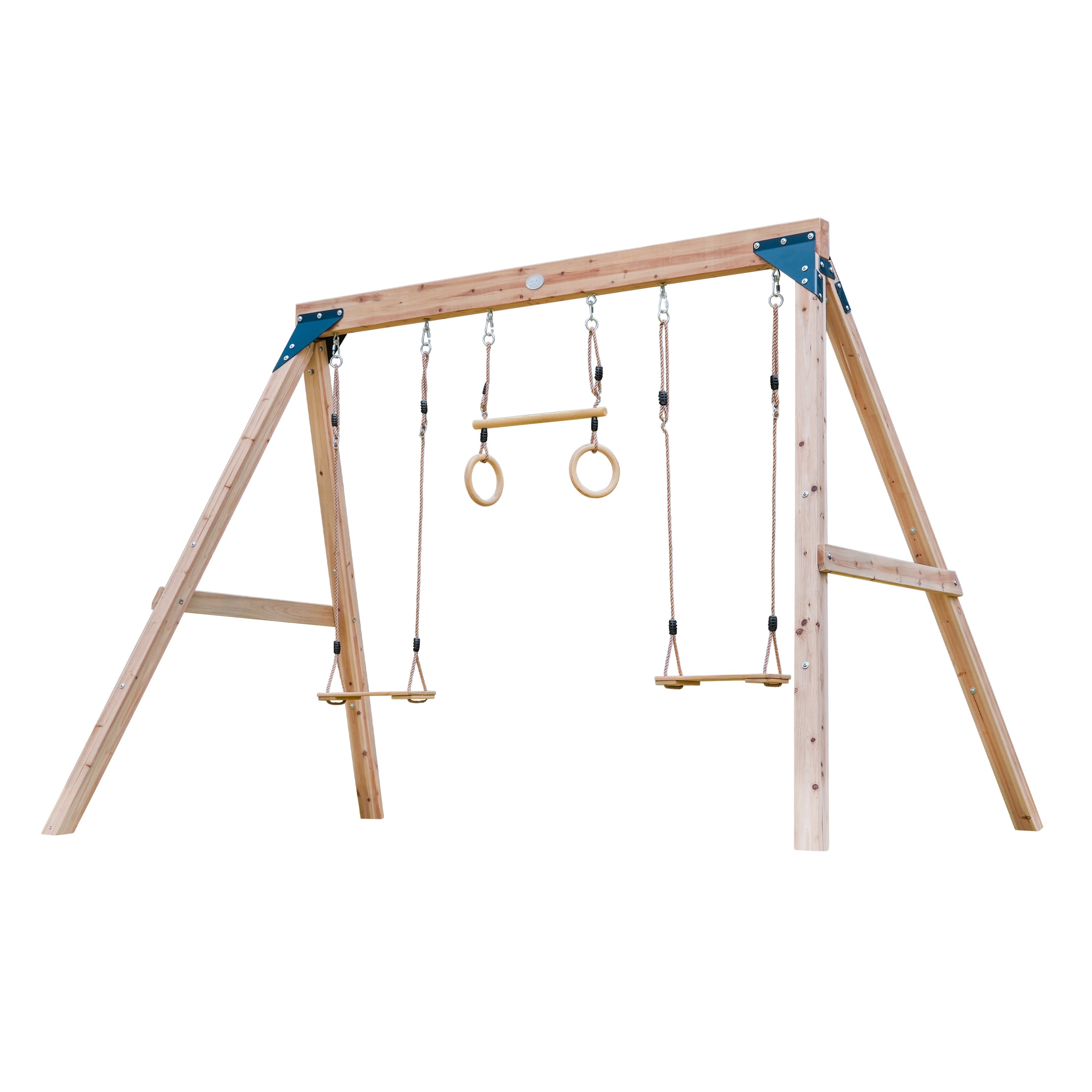 AXI Maya Balançoire Double en Bois FSC Marron avec Trapèze - Portique autoportant avec 2 sièges - Pour enfants avec Trapèze - Garantie 10 ans - 5