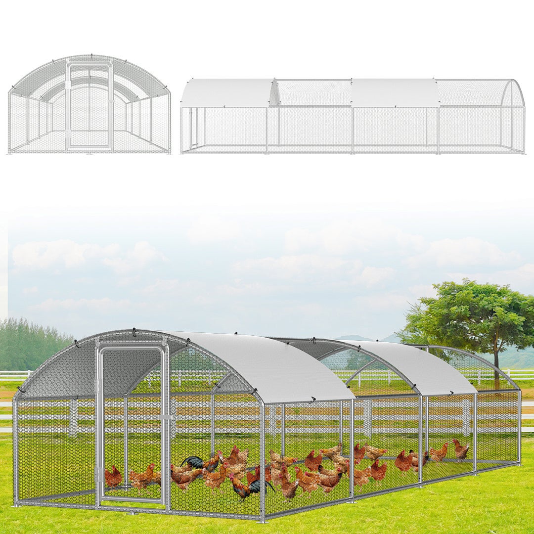 Klatka 3×8×2 m z łukowatym dachem – metalowa klatka dla kur, powierzchnia 24 m², zamykane drzwi, wybieg dla kur i małych zwierząt