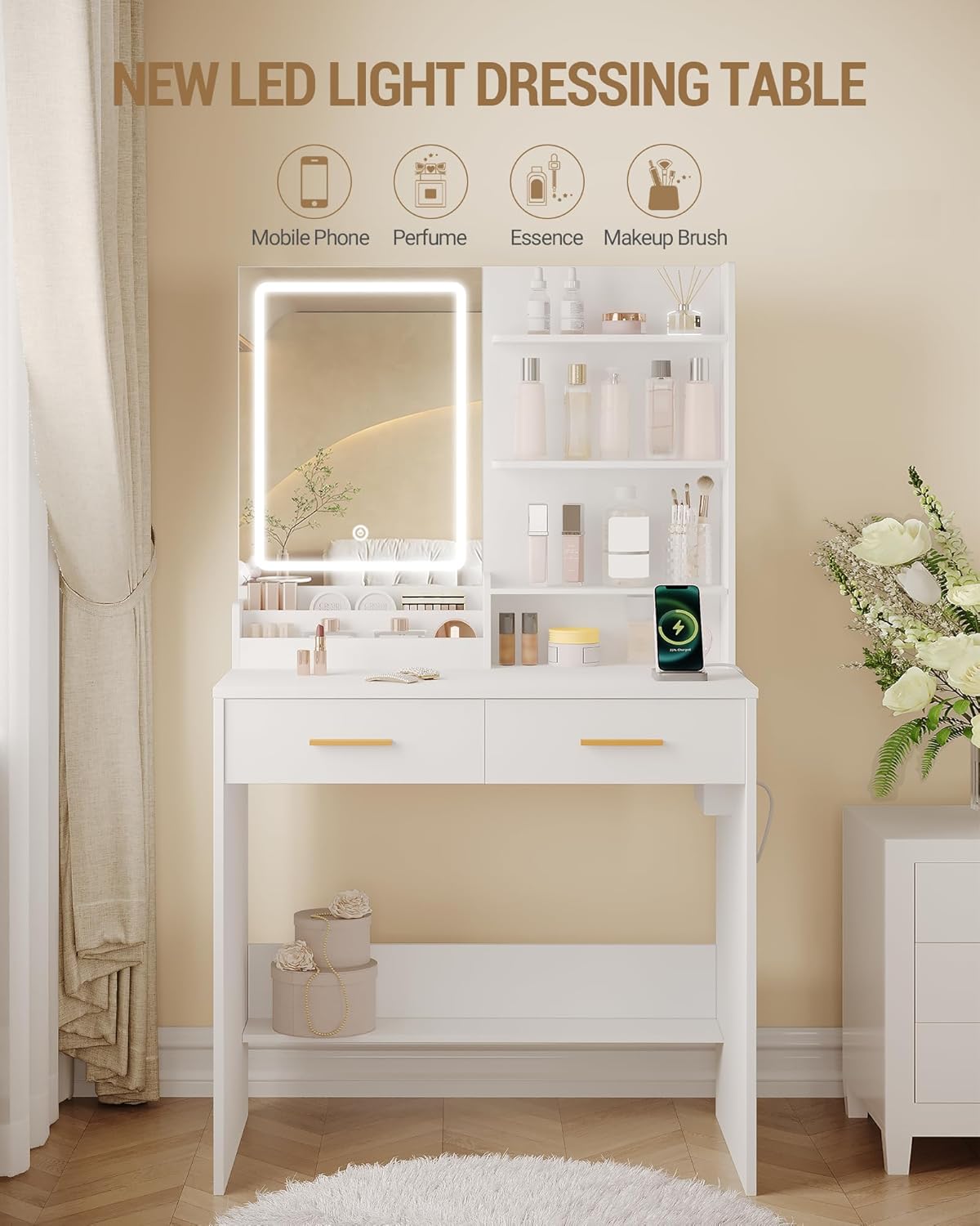 Coiffeuse avec Lumière LED, 2 Prises et 2 USB, avec 2 Tiroirs et 4 Étagères Ouvertes, Compartiment de Rangement, pour Chambre,Style Moderne, Blanc - 5