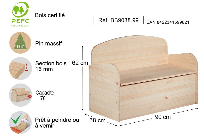 Combiné banc coffre déco en pin 90x62x38cm astigarraga - 4