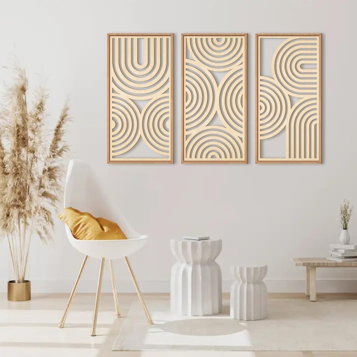 Lot de 3 tableaux muraux bohèmes en bois avec cadre, décoration murale style médiéval moderne, abstrait géométrique minimaliste，40 x 20 cm - 5