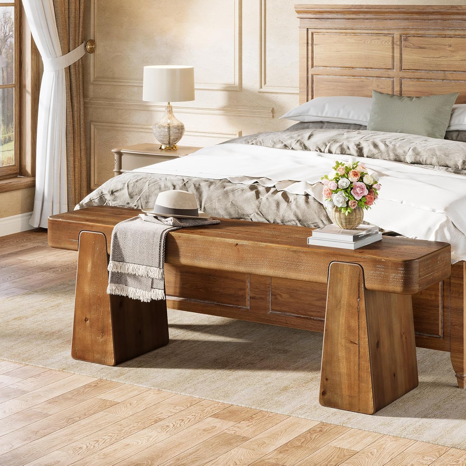 Tribesigns Banc bois massif 120 cm, pieds épais, étroit pour entrée, couloir, salon, pied de lit, brun foncé - 5