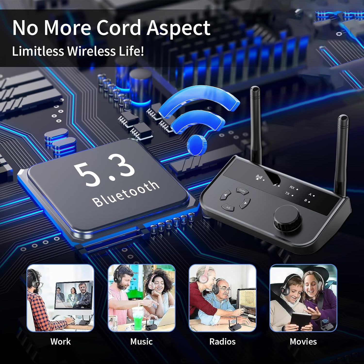 Transmetteur Recepteur Bluetooth 5.3, Adaptateur Bluetooth Audio RCA 3,5 mm Jack AUX Dual Link, Stereo Audio HiFi Receiver pour TV/Smartphone/Tab - 2