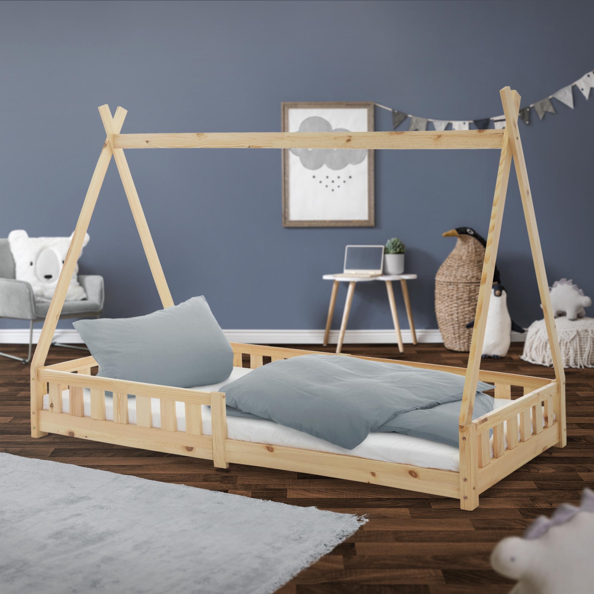ML-Design łóżeczko tipi 90x200 cm naturalne z materacem i zabezpieczeniem rama z listew lite drewno sosnowe łóżko w stylu indyjskim dla dzieci