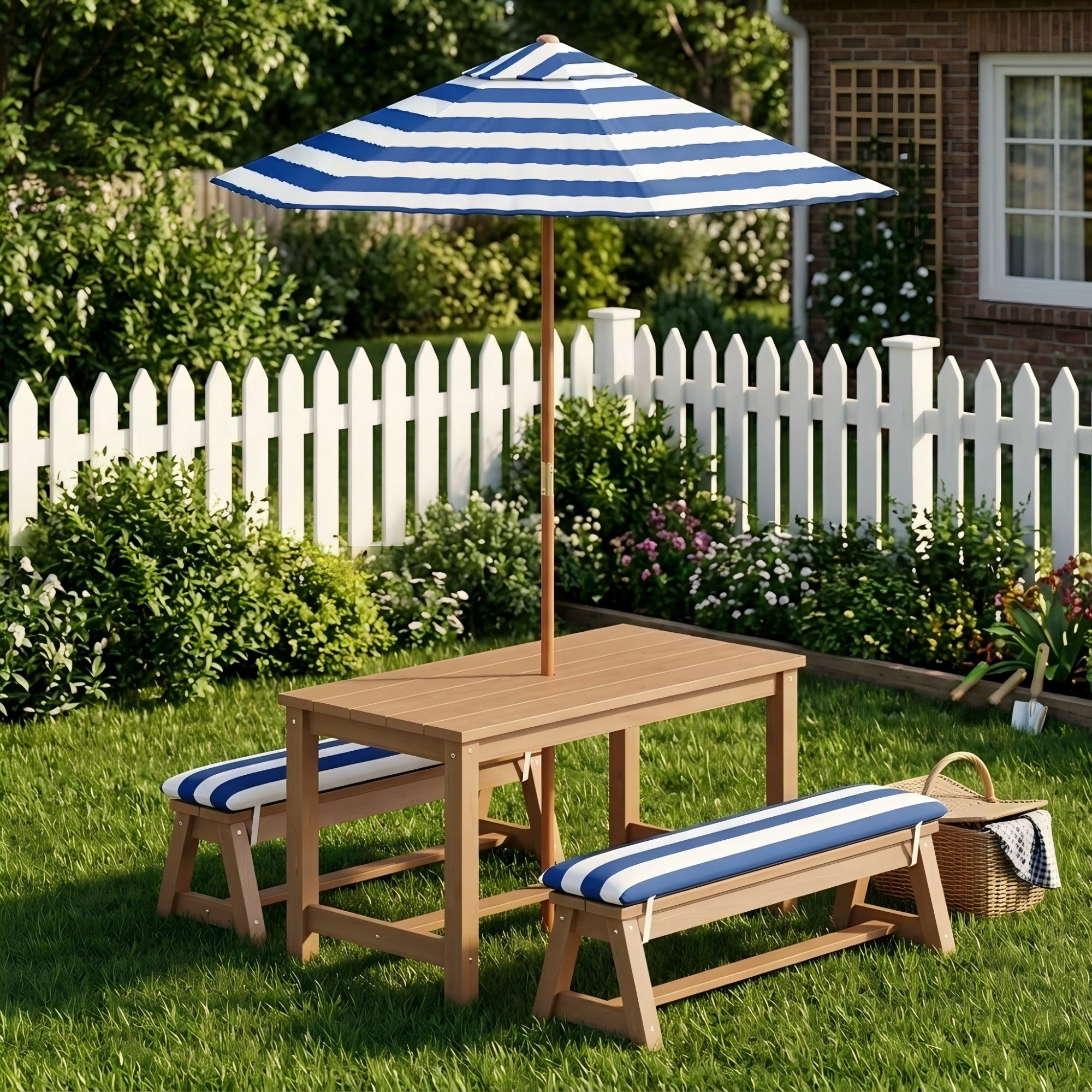 Tavolo da esterno per bambini + 2 panche + parasole rigato blu ...