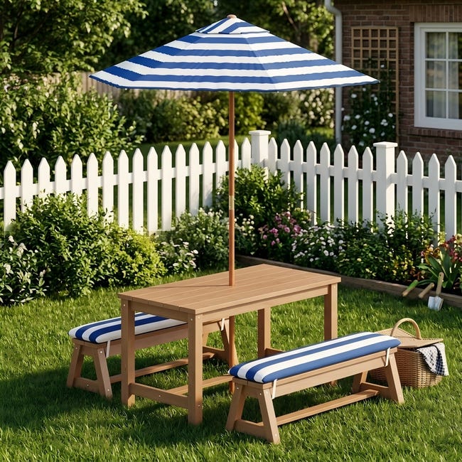 Legno Rigato Tavolo da esterno per bambini + 2 panche + parasole rigato blu ...