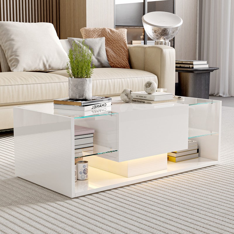 Table basse, Table basse salon LED avec espace de rangement, Table brillante avec étagère en verre, 100L x 50B x 35H cm - 4