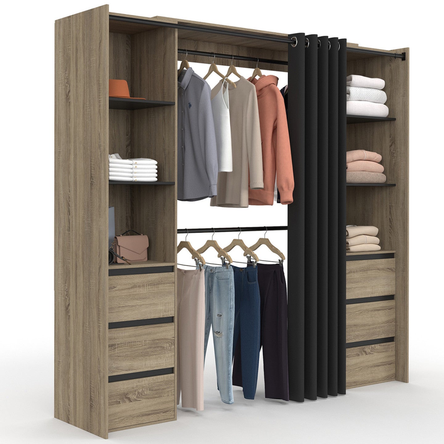 Dressing extensible double MERYL 120/180 cm hêtre avec 6 tiroirs + étagères + double penderie + rideau noir - 2