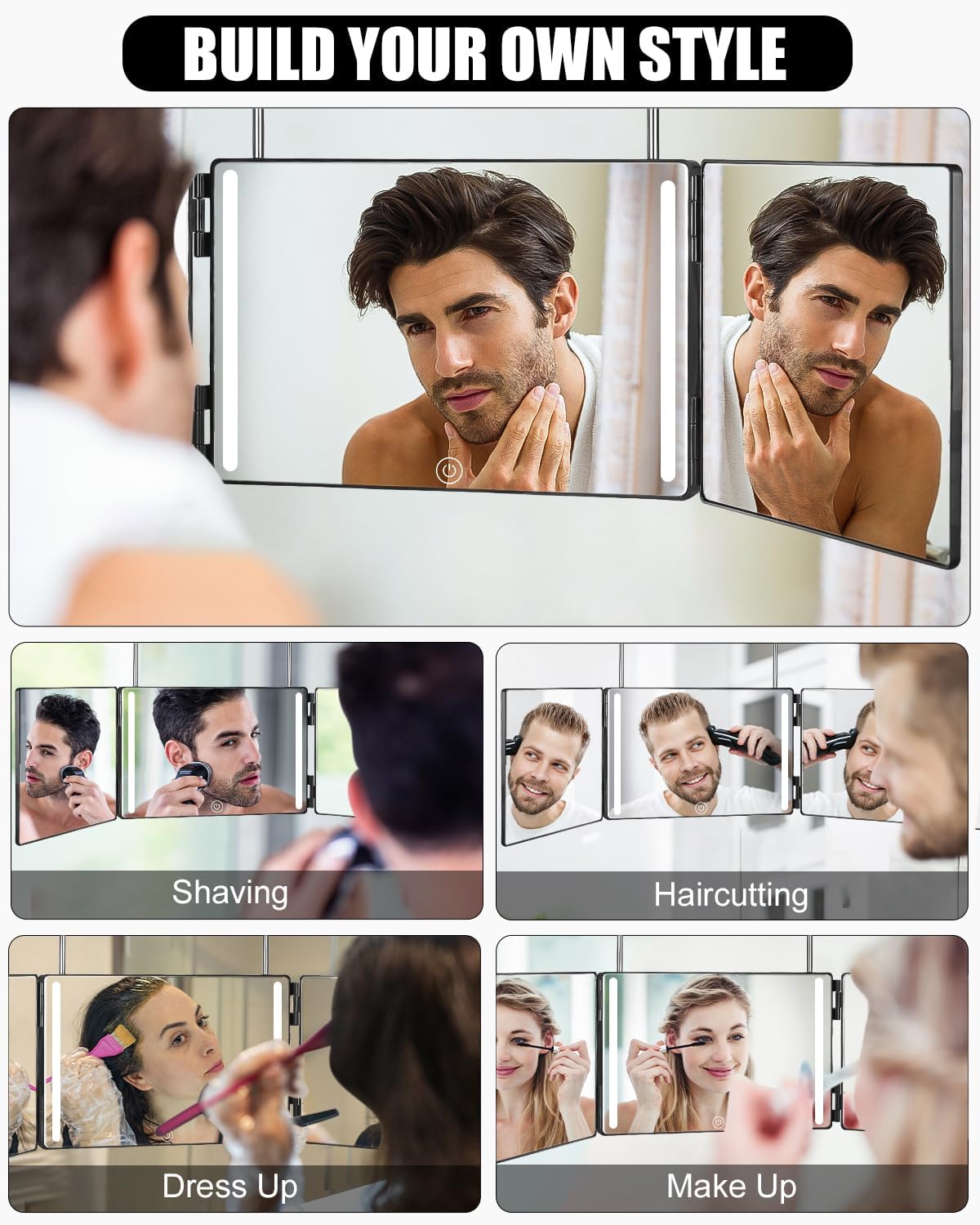 Miroir 3 Faces Pliable 360° – Réglable En Hauteur, Pour Coiffure, Rasage, Maquillage, Sans LED - 8