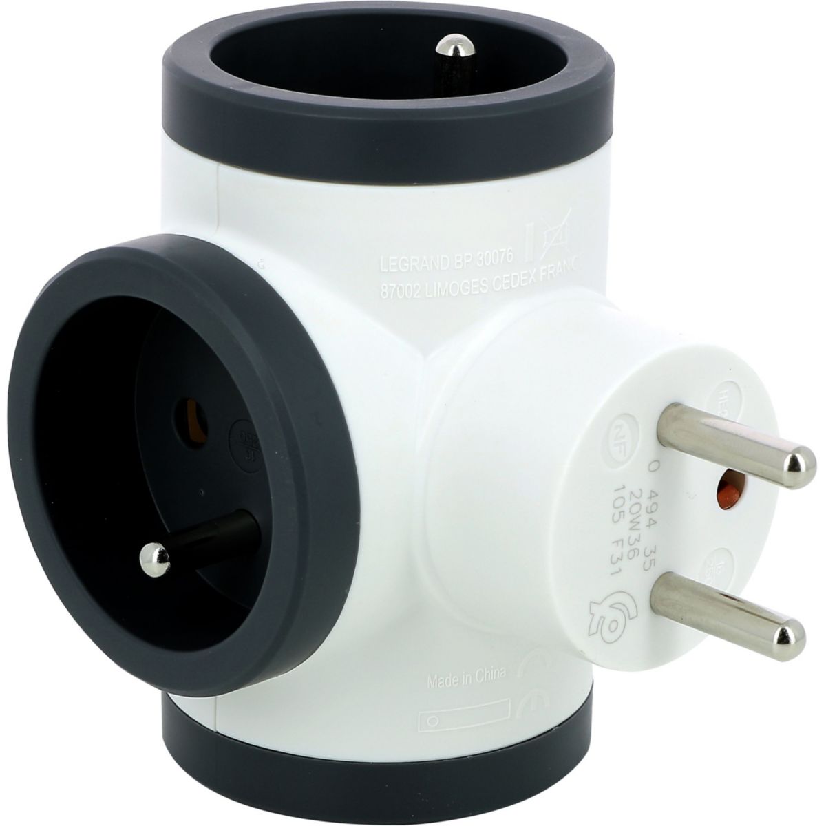 Fiche triplite 3 prises latérales 3680W - Blanc et Gris foncé - Legrand - 4