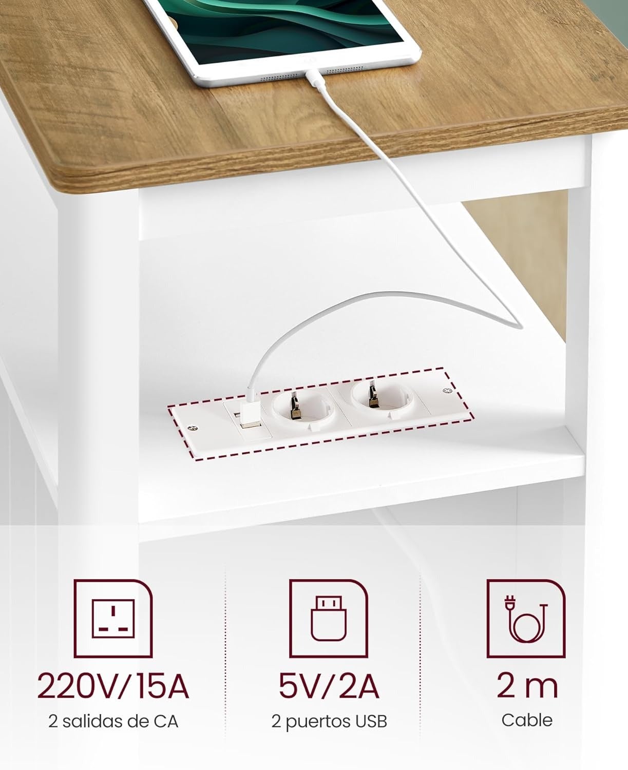 Table d’Appoint avec Multiprise, Petite Table Basse avec Étagère de Rangement, Marron Chêne et Blanc - 6