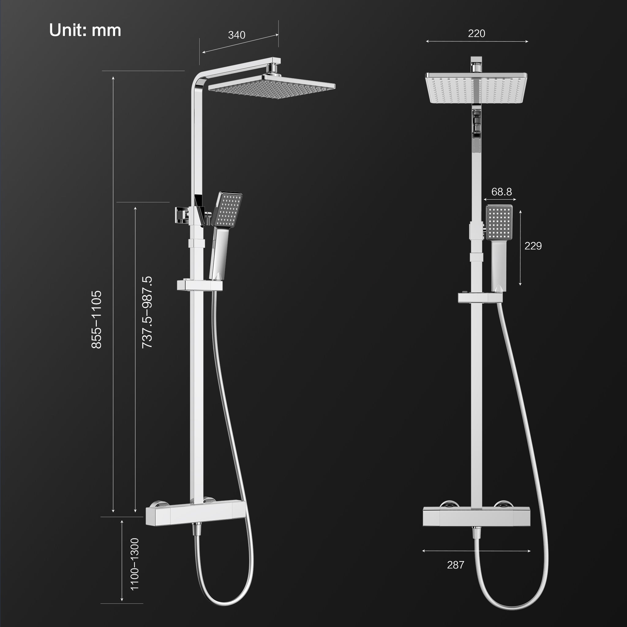 Colonne de Douche avec Mitigeur Thermostatique Chromé, Ensemble de Douche avec pomme de douche et tête de douche, Hauteur Réglable 855-1105mm - 7