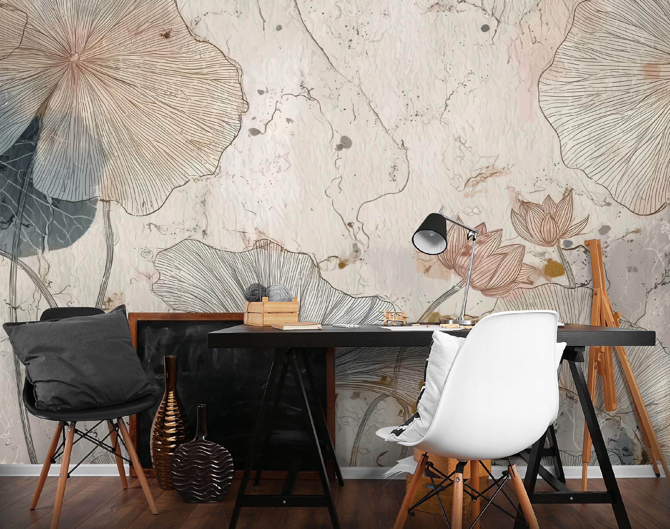 Papel pintado panorámico con flores beige de hormigón - 400 x 280 cm - Papel pintado para dormitorio y salón - 2