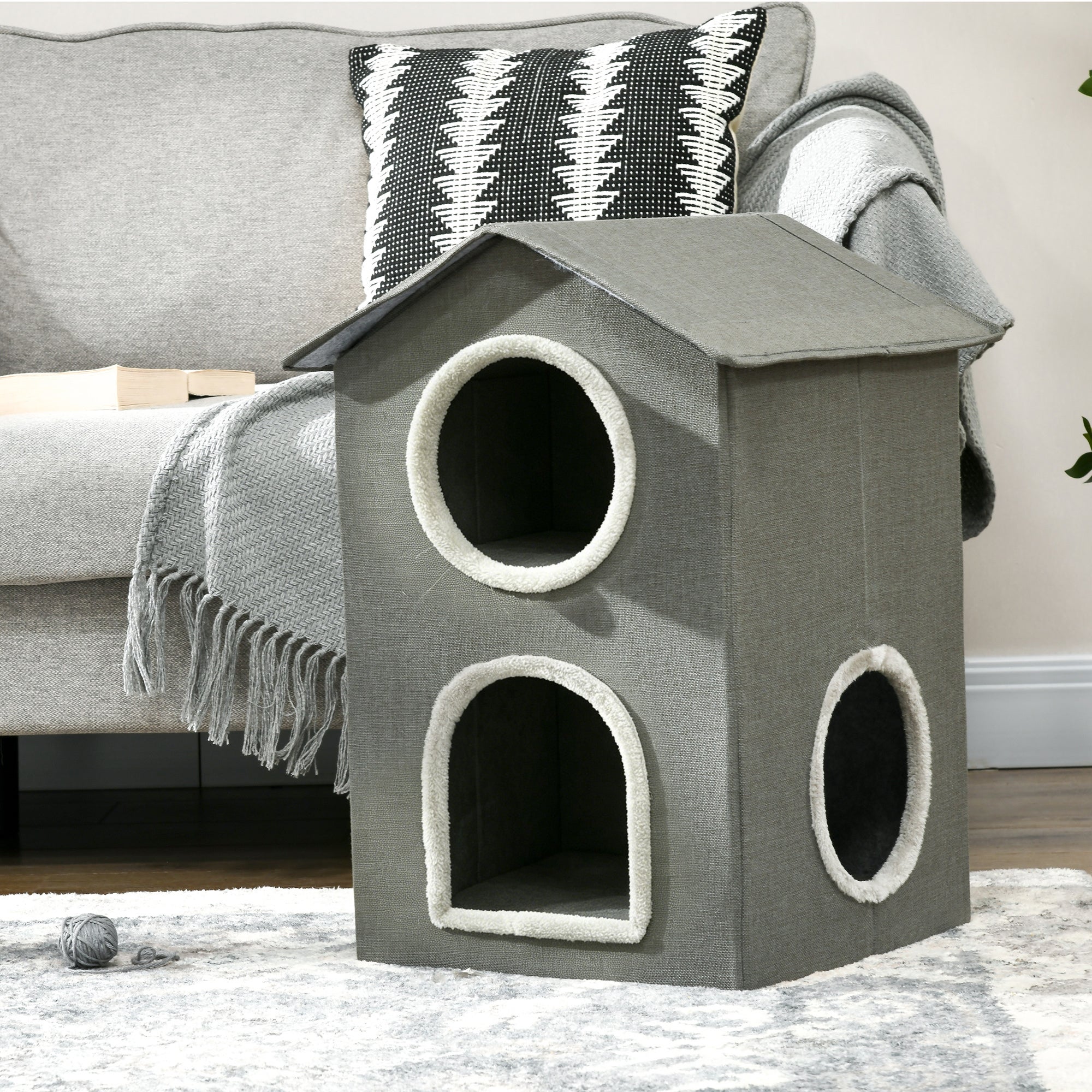 Casa para Gatos PawHut MDF, Poliéster, Pelúcia e PVC Cinzento 42x46x59,5 cm - 2