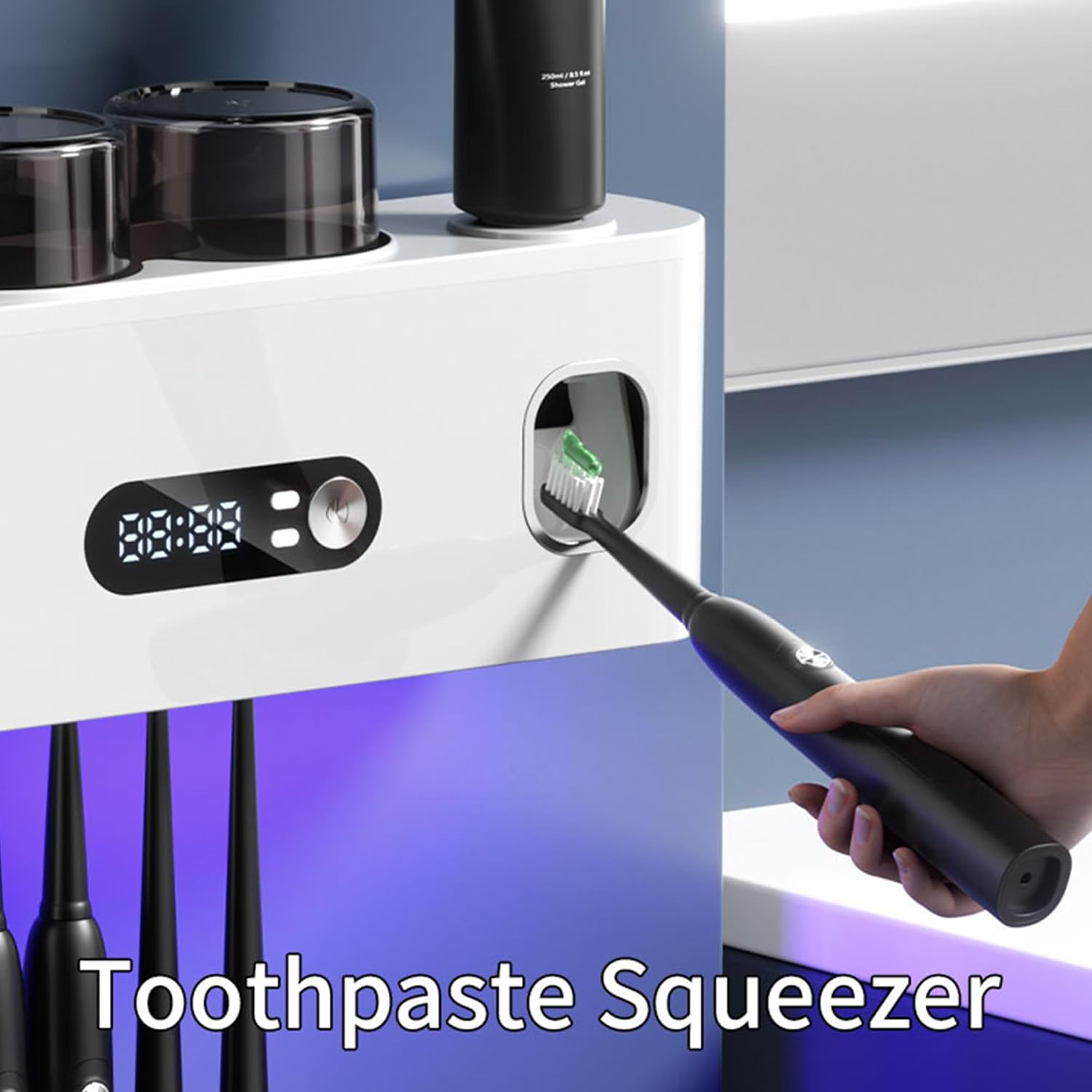 Porte-brosses à dents avec stérilisateur UV et distributeur de dentifrice, organisateur mural intelligent pour salle de bain,Blanc - 3