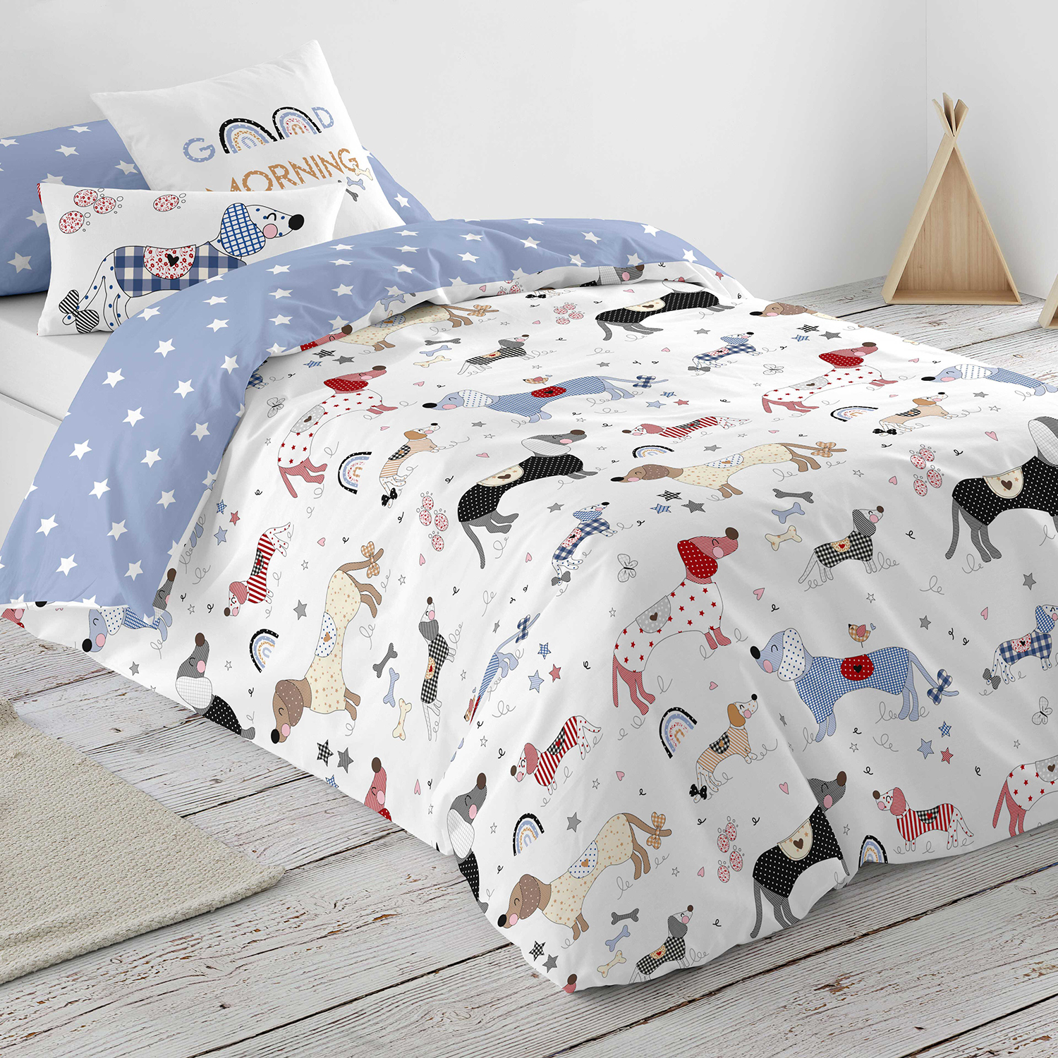 Cool kids - funda nórdica reversible estampada cama 90 - algodón extrasuave - incluye 1 o 2 fundas de almohada - doggy patch