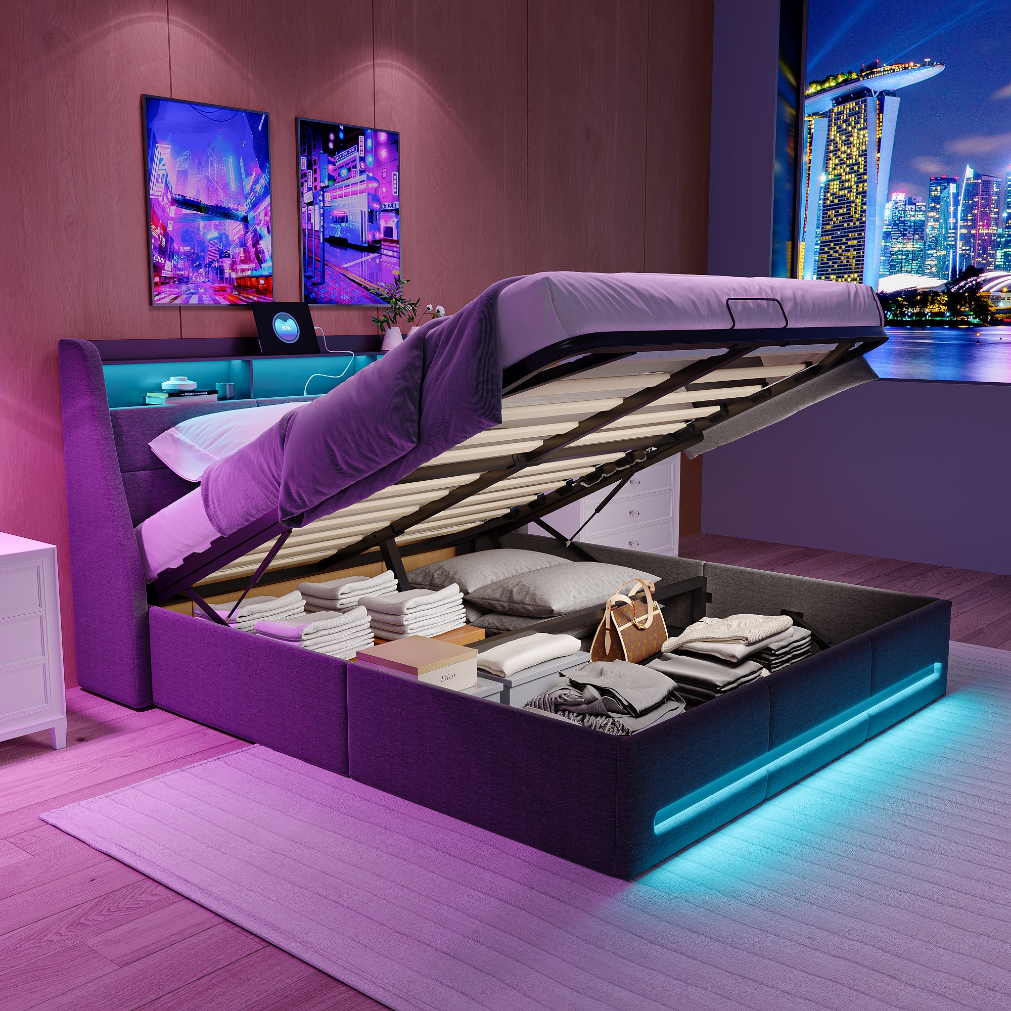 Lit Coffre 140x190 Avec Rangement Hydraulique Et LED RGB - Sommier Lattes Bois - Multiprise USB - Tête De Lit Capitonnée Lin Gris