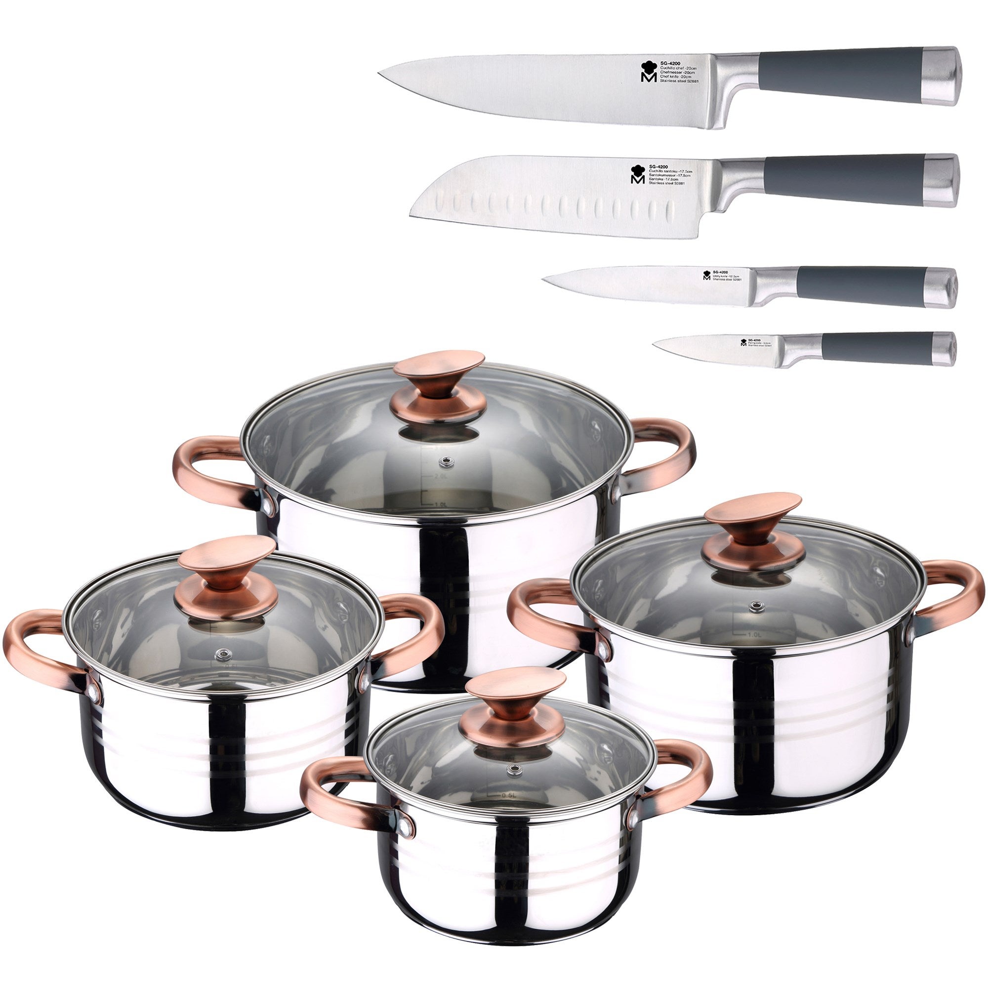 San ignacio batería de cocina 8 piezas altea de acero con set 4 cuchillos apto inducción