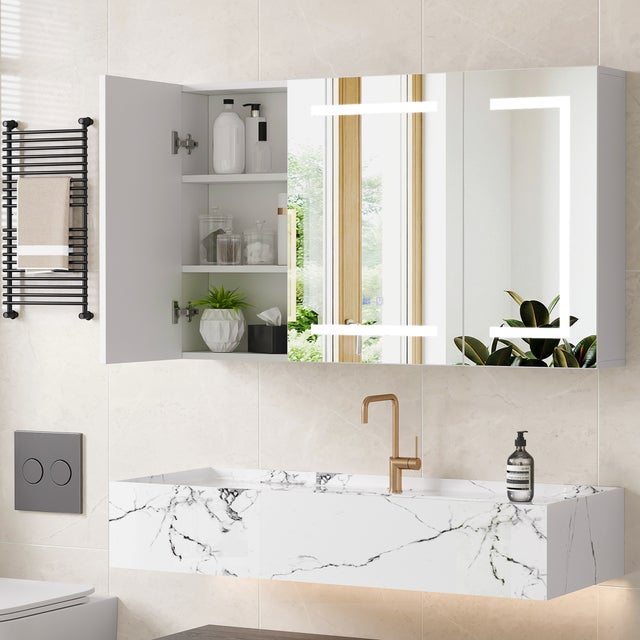 Armoire de Toilette avec Miroir LED l.100 cm H.60 cm P.13 cm - Anti-buée, Prise et Ports USB - Éclairage 3 Couleurs Variable - 8 espaces de rangement