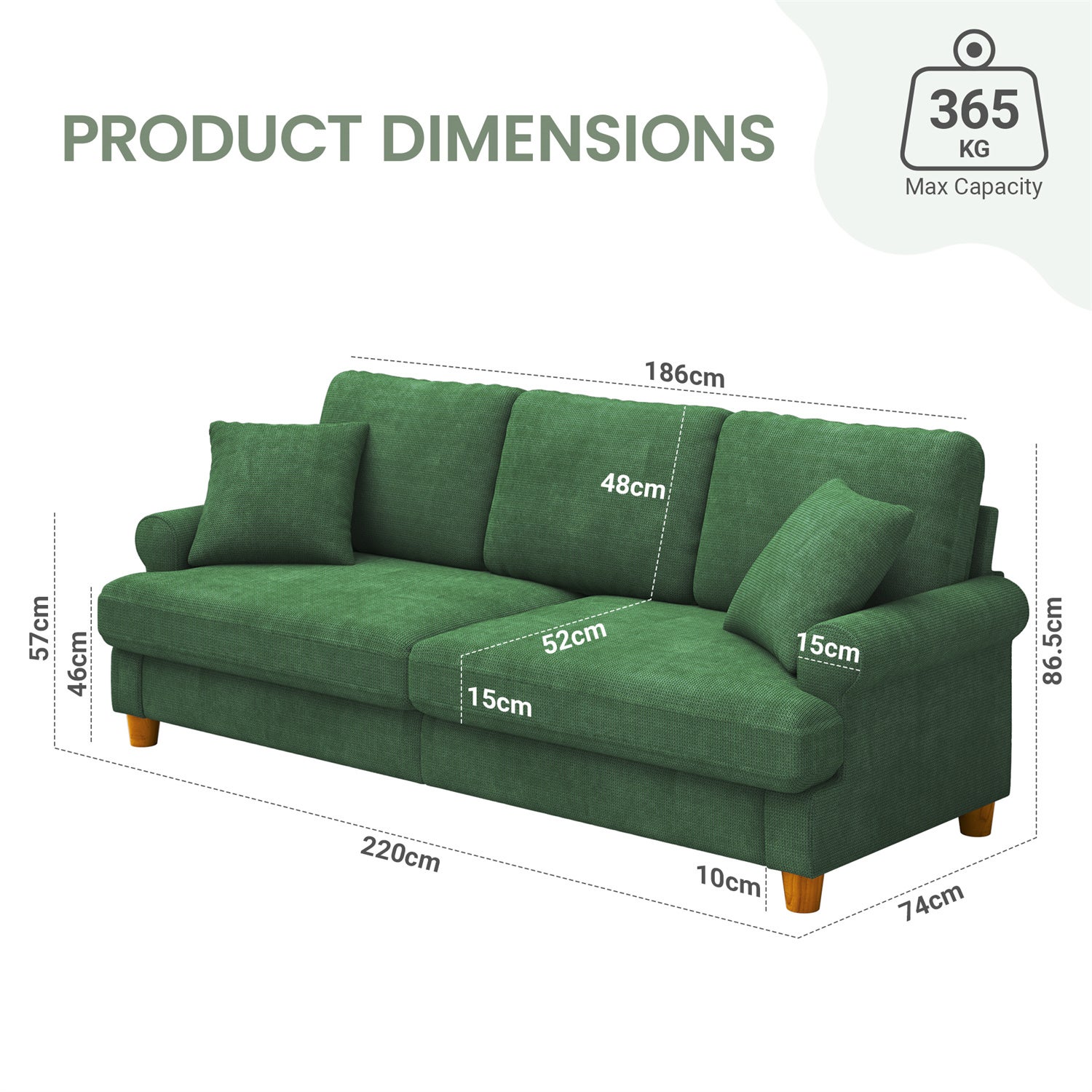 Grand Canapé 3 Places en Chenille Vert avec accoudoirs,coussins et oreillers,Canapé Scandinave pour le salon,220×74×86cm - 2